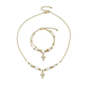 RENSINO High-grade Stainless Steel Women’s Religious Jewelry Set Vacuum Gold-plated Waterproof diamond Cross Necklace Pendant Double-row