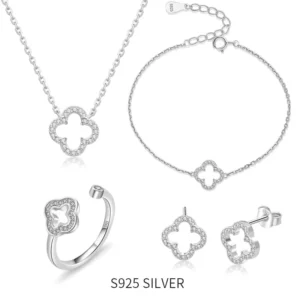 RENSINO High quality Boutique 925 Sterling Silver Fashion Luxury Jewelry Set Charm Lucky Four leaf Clover Women’s Exquisite Jewelry