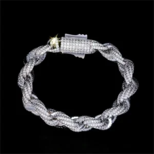 RENSINO Hip Hop 13MM Iced Out Diamond Rope Chain Bracelet Gold Plated Twist Bracelet Jewelry Men’s Bling Moissanite Rope Bracelet