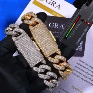 RENSINO Hip Hop 925 Sterling Silver Cuban Link Chain Bracelet with VVS Moissanite Nickel-Free & Lead-Free Rhodium Plated for Unisex