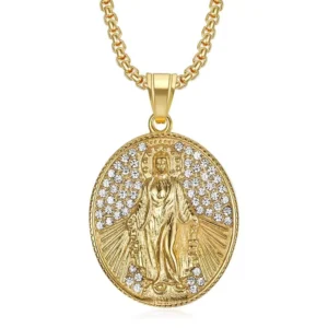 RENSINO Hip Hop CZ Virgin Mary Christian Religious Coins Waterproof Pvd Pendant Stainless Steel Fashion Jewelry Necklaces Men Male Women