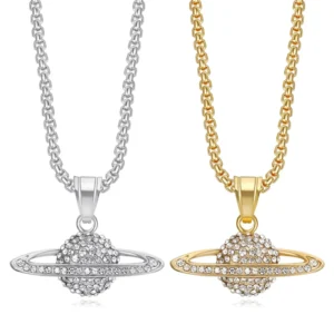 RENSINO Hip Hop Celestial the Earth Iced Out Zircon CZ Waterproof Stainless Steel Fashion Jewelry Pendant Necklaces for Men