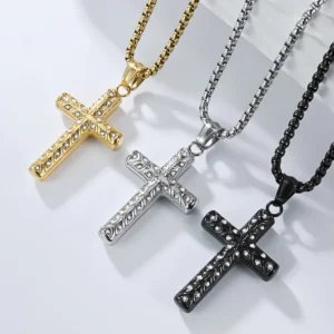 RENSINO Hip Hop Christian Catholic Religious Zircon Eye Cross Party Stainless Steel Fashion Jewelry Pendant Necklaces for Men