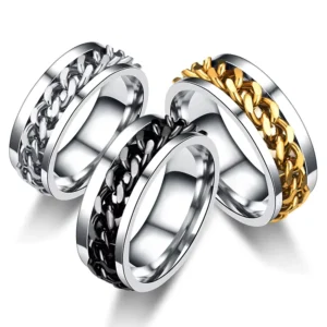 RENSINO Hip Hop Colorful 8mm Stainless Steel Rotatable Anxiety Fidget Ring High Quality Men Women Jewelry Punk Spinner Chain Rings