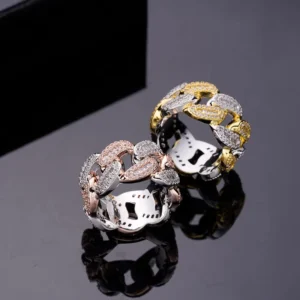 RENSINO Hip Hop Cuban Link Rings VVS D Moissanite Brilliant Cut Pave Setting 925 Silver Tone Plating Custom Fashion Bling Rings