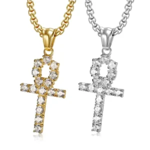 RENSINO Hip Hop Fashion Stainless Steel Jewelry Iced Out Ancient Egypt Religious Anka Cross Pendant Necklaces for Men Women