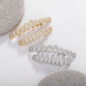 RENSINO Hip Hop Fine Grillz Teeth Gold Silver Plated Zircon Metal Braces Body Jewelry for Women and Men Vampire Style