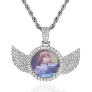 RENSINO VVS Moissanite Custom Hiphop Personalized Picture Angel Wing Photo Charm 925 Silver Jewelry Picture Pendant with Party Gifts