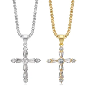 RENSINO Hip Hop Iced Out CZ Irregular Christian Religious Cross Waterproof Stainless Steel Fashion Jewelry Pendant Necklaces Men Male