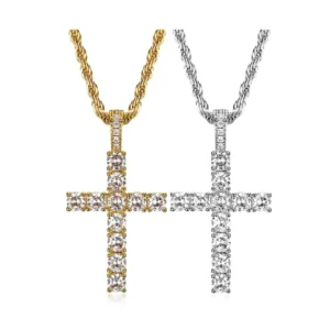 RENSINO Hip Hop Iced Out CZ Zircon Religious Cross Waterproof 316L Pvd Stainless Steel Fashion Jewelry Pendant Necklaces for Men Women