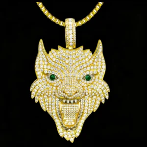 RENSINO Hip Hop Iced Out Emerald Stones 925 Sterling Silver Wild Wolf Pendant Charms for Stage Show