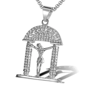 RENSINO Hip Hop Iced Out Religious Arches JESUS Dainty Waterproof Stainless Steel Fashion Jewelry Pendant Necklaces Mens