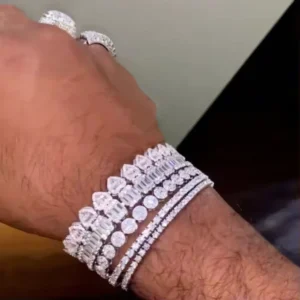 RENSINO Hip Hop Jewelry Mens Iced Out Diamond Tennis Bracelet 925 Sterling Silver VVS1 Moissanite baguette Heart Tennis Chain Bracelet