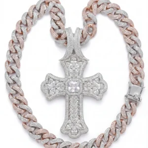 RENSINO Hip Hop Jewelry Silver Gold-Plated Link Chain Lab Created Zircon Brass Religious Cross Necklace for Men Gift