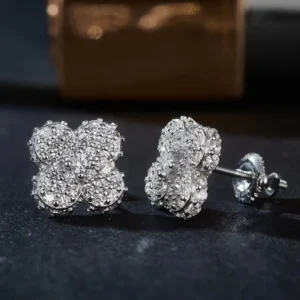 RENSINO Hip Hop Lucky Four Leaf Clover Shape 925 Sterling Silver Stud Earrings with Iced Moissanite for Women