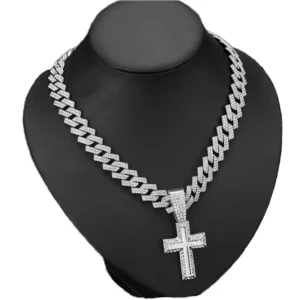 RENSINO Hip Hop Men’s Jewelry Iced Out 15mm Width Cuban Chain With Alloy and Rhinestone Cross Pendant Necklace