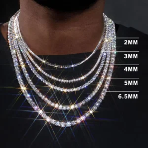 RENSINO Hip Hop Moissanite 3mm S925 Tennis Chain White Gold Necklace Unisex