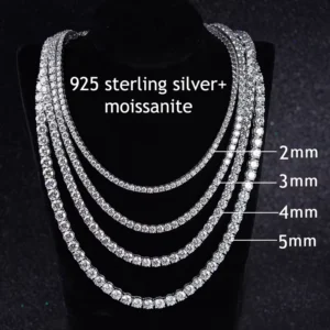 RENSINO Hip Hop Moissanite Necklace 925 Sterling Silver Iced Out 2mm 3mm 4mm Moissanite Tennis Chain Necklace