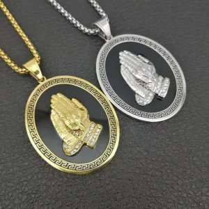 RENSINO Hip Hop Prayer Hand Religious Christian Waterproof Tarnish Free Stainless Steel Fashion Jewelry Pendant Necklaces Men