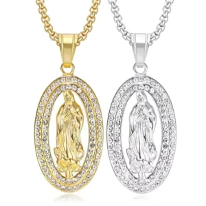 RENSINO Hip Hop Rapper Catholic Virgin Mary Iced Out Cubic Zirconia Religious Stainless Steel Fashion Jewelry Pendants Necklace Men Male