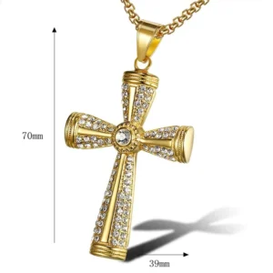 RENSINO Hip Hop Rapper Christian Cross Iced Out Cubic Zirconia Religious Stainless Steel Fashion Jewelry Pendants Necklace Men Male