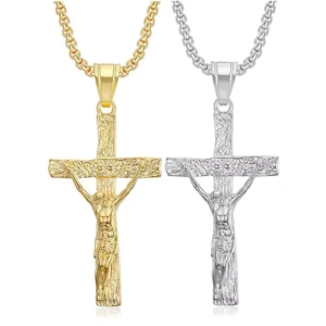 RENSINO Hip Hop Religious Cross Jesus Luxury Pvd 316 Stainless Steel Jewelry Pendant Necklace Gold Plated for Women Men