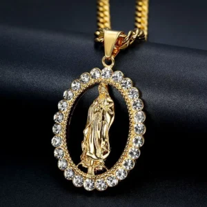 RENSINO Hip Hop Religious Geometric Gold Plated Stainless Steel Virgin Mary Pendant Necklace with Inlaid Cubic Zirconia for Women Men
