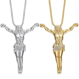 RENSINO Hip Hop Religious Jewelry Waterproof Pvd 316L Stainless Steel Charm for Men Gift Gold Plated Zirconia Inlaid Necklaces