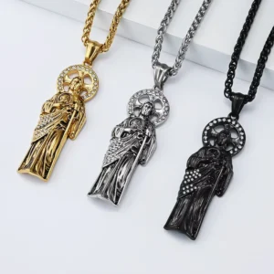 RENSINO Hip Hop Religious Saint San Jude Zircon Guardian Catholic Christian Stainless Steel Pendant Fashion Jewelry Necklaces for Men