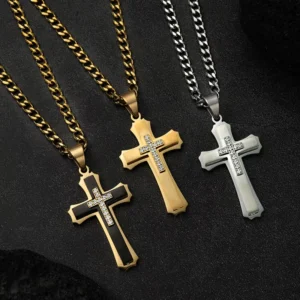 RENSINO Hip Hop Style Religious Men’s Stainless Steel Gold Plated Zircon Multi-layer Thick Cross Pendant Necklace