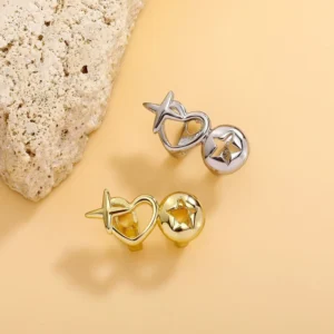 RENSINO Hip Hop Vintage Silver Brass Double Teeth Caps Rose Gold Hollow Heart Star Grillz Cosplay Gift for Women Men Body Jewelry