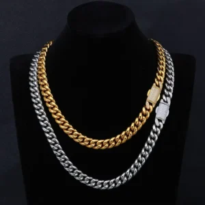 RENSINO Hip Jewelry 12mm Cuban Link Chain 18k Gold Plated Stainless Steel Necklace With Moissanite Clasp for Men Women