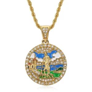 RENSINO Hip hop New 18K PVD Gold Plated Personality Jewelry Stainless Steel Rhinestone Jesus Shepherd Pendant Necklace