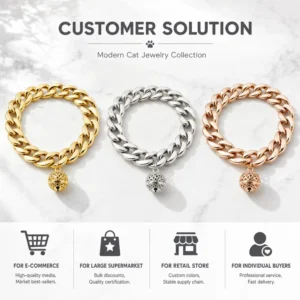 RENSINO Hip hop Style Luxury Gold Silver Rose Options Monochrome Custom Stylish Cuban Link Cat Chain Pet Jewelry Collar with Bell