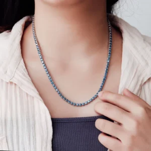 RENSINO HipHop 2MM-6MM 925 Sterling Silver Blue Moissanite Tennis Chain Diamond Royal Diamond Tennis Necklace Bracelet for Woman