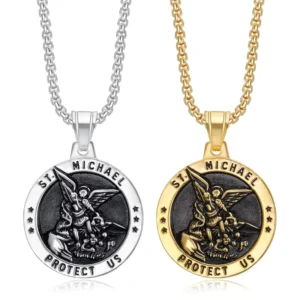 RENSINO Hiphop Angel Saint Stainless Steel Pendant and 24inch Chain Religious Necklace Jewelry for Unisex