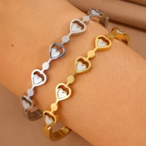 RENSINO Hollow Out Stainless Steel Heart Shell Bangle Pulsera Women 18K Gold Plated Geometry Bangle
