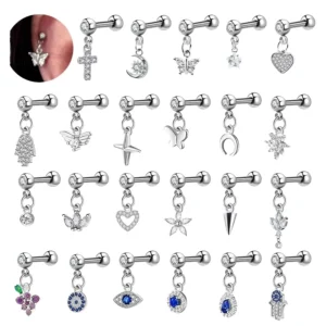 RENSINO Hot Hip Hop Fashion Orthodox Silver Plated Stainless Steel Ear Nail Zircon Barbell Pendant Earrings Street Wedding Body Jewelry
