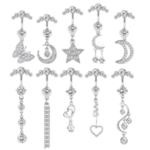 RENSINO Hot New Accessories 5 Bits Inset Zircon Stainless Steel Navel Ring Star Moon Pendant Long Navel Nail Party Belly Accessories