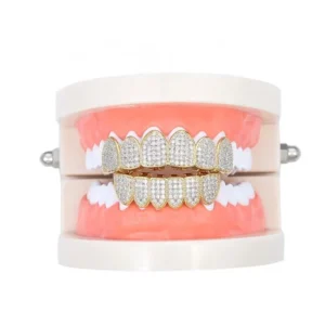 RENSINO Hot Sell Real Gold Plating Brass and Full Zircon Six Pieces Teeth Hip Hop Grillz by case Packaged