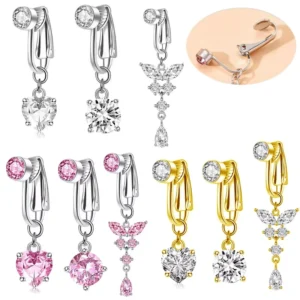 RENSINO Hot Selling Navel Clip Without Perforation Navel Ring Multiple Styles Zircon Inlaid Butterfly Heart Shaped Navel Decoration