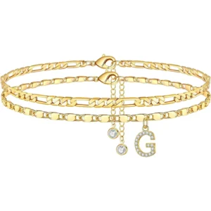 RENSINO Hot Selling Stainless Steel Anklet Zircon 26 Letter Anklet Simple Fashion Beaded Double Layer Unisex Matching Daily Outing