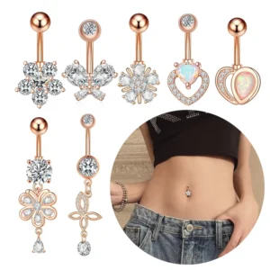RENSINO Hypoallergenic 14G CZ Dangle Belly Button Ring 316L Surgical Steel Heart Flower Butterfly Navel Piercing Jewelry