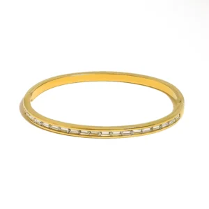 RENSINO Hypoallergenic 18K Gold Plated Cuff Bangle Bezel Diamond Tarnish Free Waterproof Gold Plated Pvd Bangle