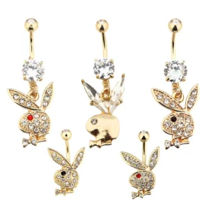RENSINO Hypoallergenic 316L Stainless Steel Body Piercing Rabbit Bunny Play Boy Dangle Navel Ring Belly Button Ring