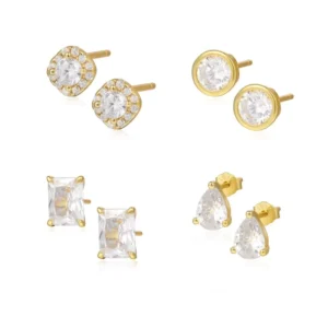 RENSINO Hypoallergenic Minimalist 14K Gold Plated 925 Sterling Silver Material AAA Cubic Zirconia Stud Earrings for Women