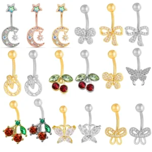 RENSINO Hypoallergenic Stainless Steel Belly Button Rings CZ Moon Star Butterfly Cherry Bow Dangle Navel Piercing Jewelry for Women