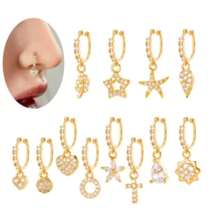 RENSINO Hypoallergenic Stainless Steel Jewelry Gold Nose Ring CZ Flower Butterfly Dangle Adjustable Nostirl Septum Rings Non Piercing
