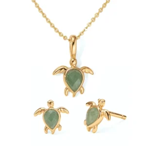 RENSINO Hypoallergenic Waterproof Jewelry 925 Silver Fashion Jewelry Sets Green Aventurine Turtle Necklace and Earring Set