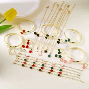 RENSINO INS Five-Clover Flower Five-Piece Set Gold Plated Necklace Bracelet Earrings Fashion Women Silver Black Jewelry
